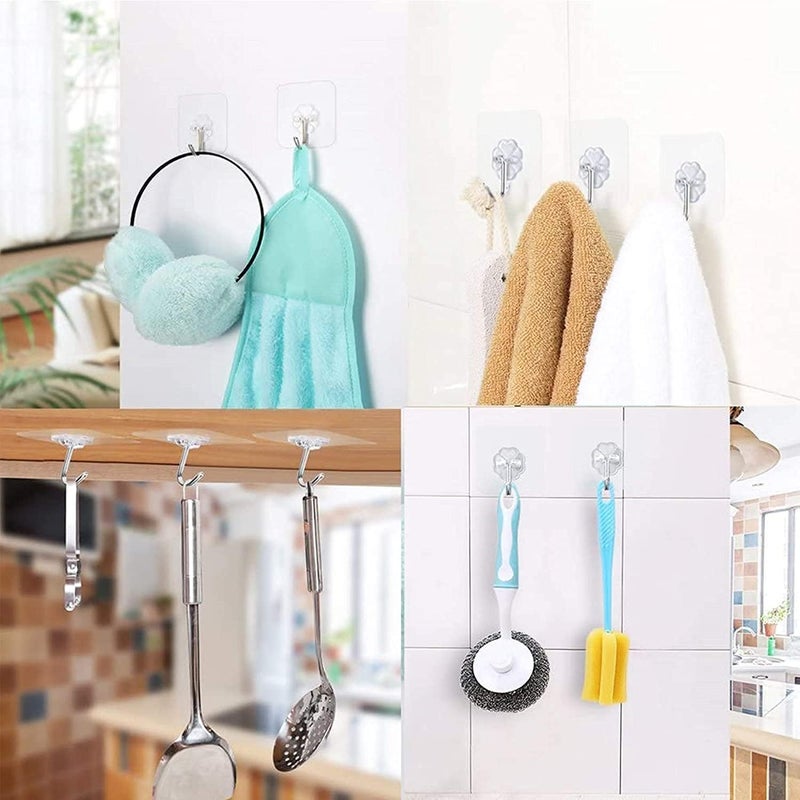 AIMERS Self Adhesive Hooks for Wall 10 Pack Strong Sticky Hooks for Kitchen Bathroom and Home No Drill Wall Hangers for Clothes and More Transparent - Image 4
