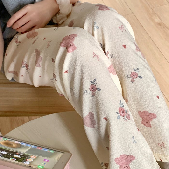 Summer Bubble Cotton Loose Womens Sleep Pants Thin Home Leisure Cartoon Outdoor Wearable Long Pants Comfortable Breathable 【AL901-6#】 