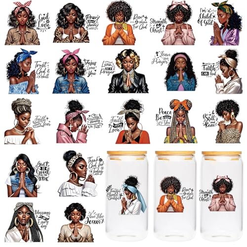 CRASHOT Black Girl UV DTF Cup Wraps - 20 Sheet Pray UV DTF Transfer Decals, Black Girl UVDTF Cup Wraps for Glass, Inspirational Waterproof Transfer Sticker, DIY Crafts for Women - Image 1
