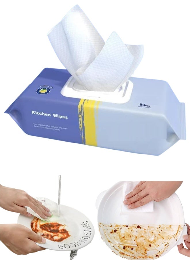 هابي هوم 80 منديلًا كبيرًا جدًا لتنظيف المطبخ، مناديل مبللة متعددة الأغراض للاستخدام المنزلي، مناديل قوية وسميكة لإزالة الشحوم من الأسطح والأجهزة وتنظيف الأسطح المتعددة، مناديل تنظيف شديدة التحمل للمطبخ - Image 2