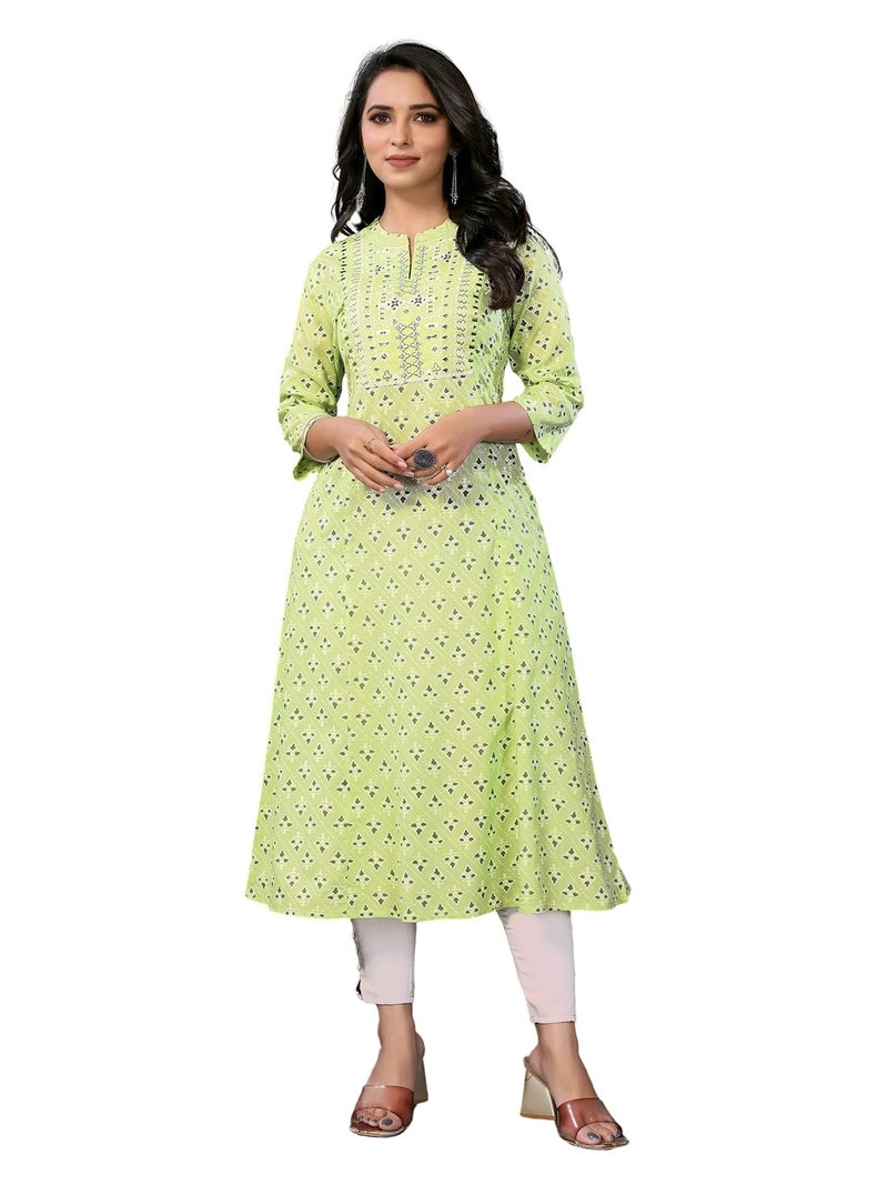 rangita Green Rayon Calf Length Embroidered Flared Kurti | Kurta for Women_XL - Image 1