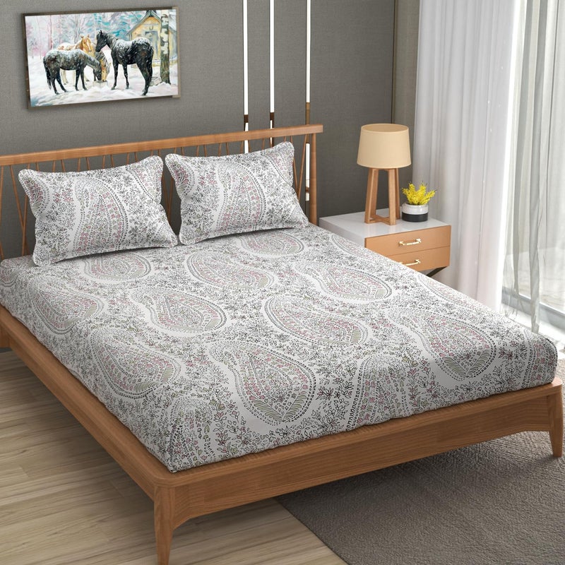 LA ELITE LA ELITE Royal Print Glace Cotton 140 GSM Fitted Bedsheet Set with Elastic Fitted Design Fits Mattresses up to 810 Inches Includes 2 Pillow Cover  - Image 1