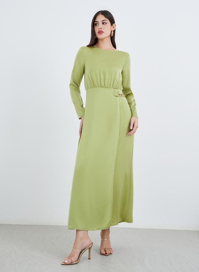 Styli Plain Long Sleeves A-Line Maxi Dress with Chain Detail - Image 1