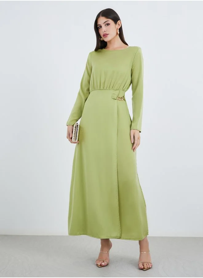 ستايلي Styli Plain Long Sleeves A-Line Maxi Dress with Chain Detail