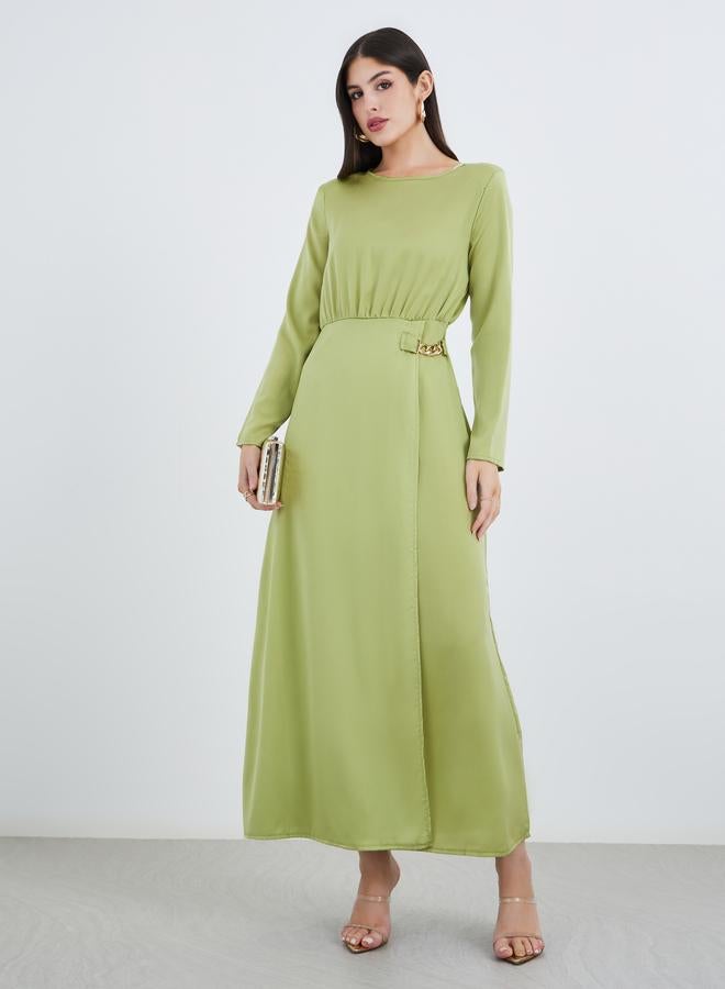 Styli Plain Long Sleeves A-Line Maxi Dress with Chain Detail - Image 2