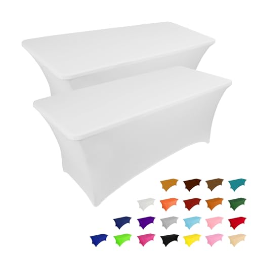 IVAPUPU 2 Pack 6FT Table Cloth for Rectangular Fitted Events Stretch White Table Covers Washable Spandex Spring Tablecloth Protector for Party Wedding Cocktail Banquet Festival