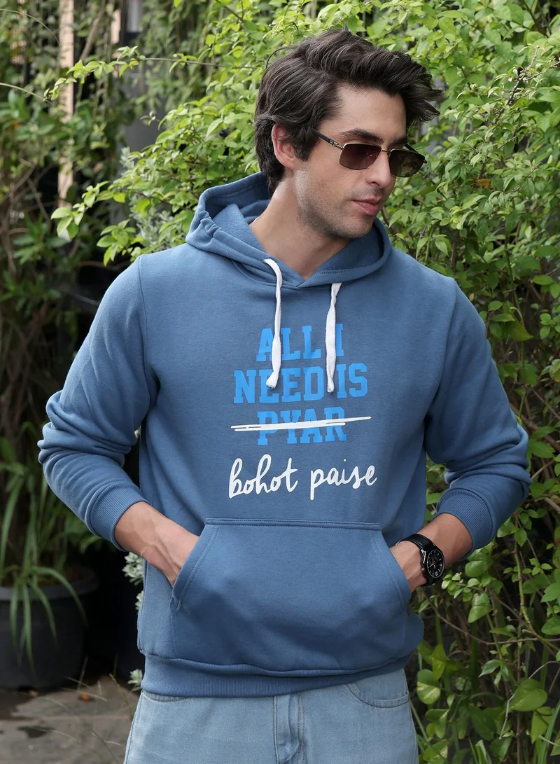 Campus Sutra Men All-I-Need  Pullover Hoodie | Hooded Neck, Long Ribbed Cuff Sleeves | Pull On , Ribbed-Straight Hem | Typographic Print Fleece | Knitted Fabric For Casual & Daily Wear | Blue