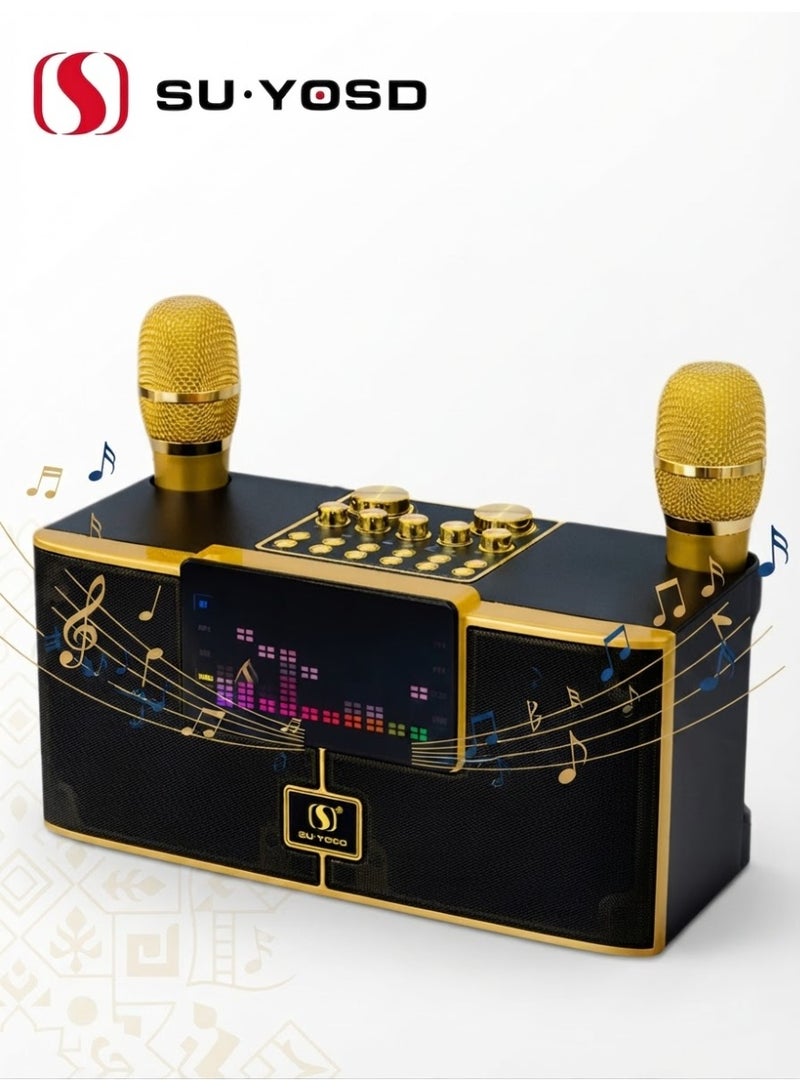 SU.YOSD New Karaoke Machine with 2 Wireless Microphones for Adults and Kids,Portable Bluetooth Speaker With LED Lights or Family Videoke & Outdoor,Gold - Image 1