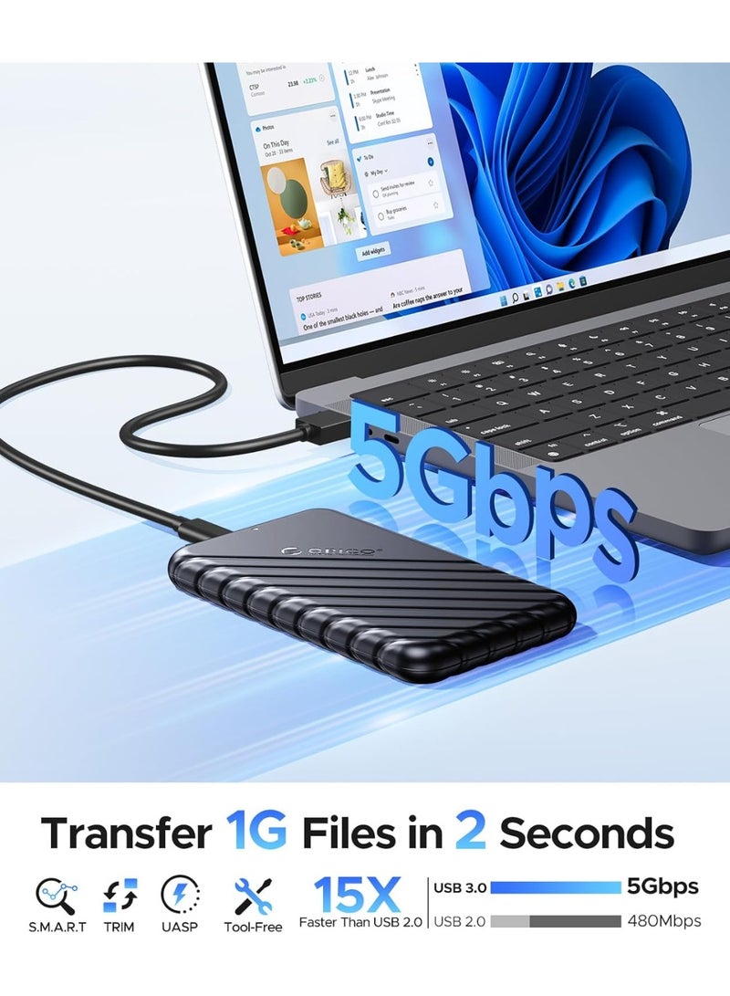 أوريكو حافظة قرص صلب خارجي مقاس 2.5 بوصة (USB 3.0 إلى SATA III)، تدعم تقنية UASP وسرعة نقل بيانات تصل إلى 5 جيجابت في الثانية، تصميم محمول لا يحتاج إلى أدوات للتركيب، متوافقة مع أقراص SSD وHDD من نوع SATA بسماكة 7 مم و9.5 مم، وتعمل مع أنظمة Windows وMac وLinux وأجهزة PS5 وPS4 وXbox وأجهزة الكمبيوتر المحمول والمكتبي. - Image 2