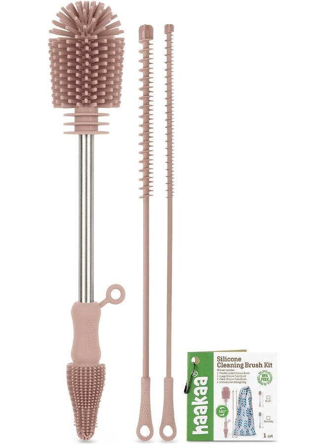Haakaa Silicone Cleaning Brush Kit - Baby Bottle Brush Cleaner for Breast Pump, Nipple, Breast Milk Storage Bag, Reusable Straw, Sippy Cup - Food Grade Silicone Bristles, Portable - 3 Pcs - Blush - Image 1
