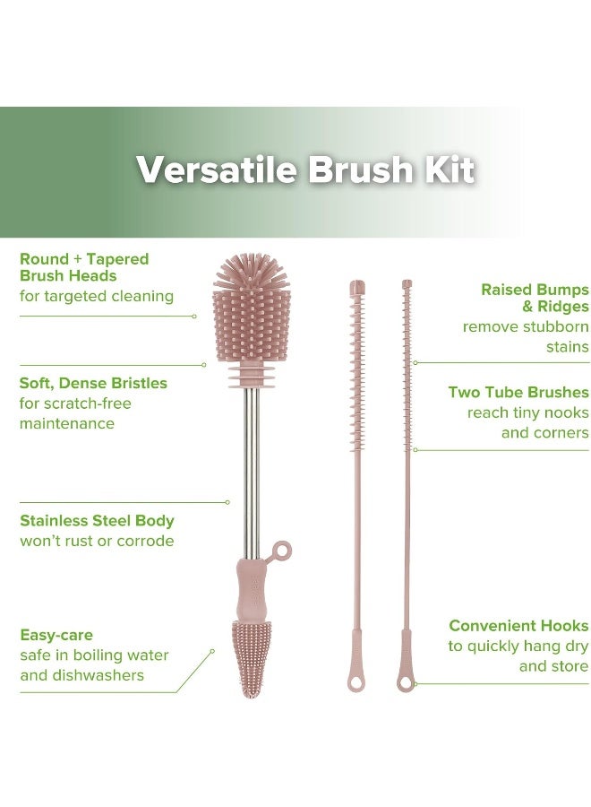 Haakaa Silicone Cleaning Brush Kit - Baby Bottle Brush Cleaner for Breast Pump, Nipple, Breast Milk Storage Bag, Reusable Straw, Sippy Cup - Food Grade Silicone Bristles, Portable - 3 Pcs - Blush - Image 5