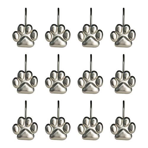 Sunlit Fashion Design Cute Paw Print Polished Shower Curtain Hooks for Dog Cat and Bear Rust Proof Oil Rubbed Metal Shower Curtain Rings12 Pack