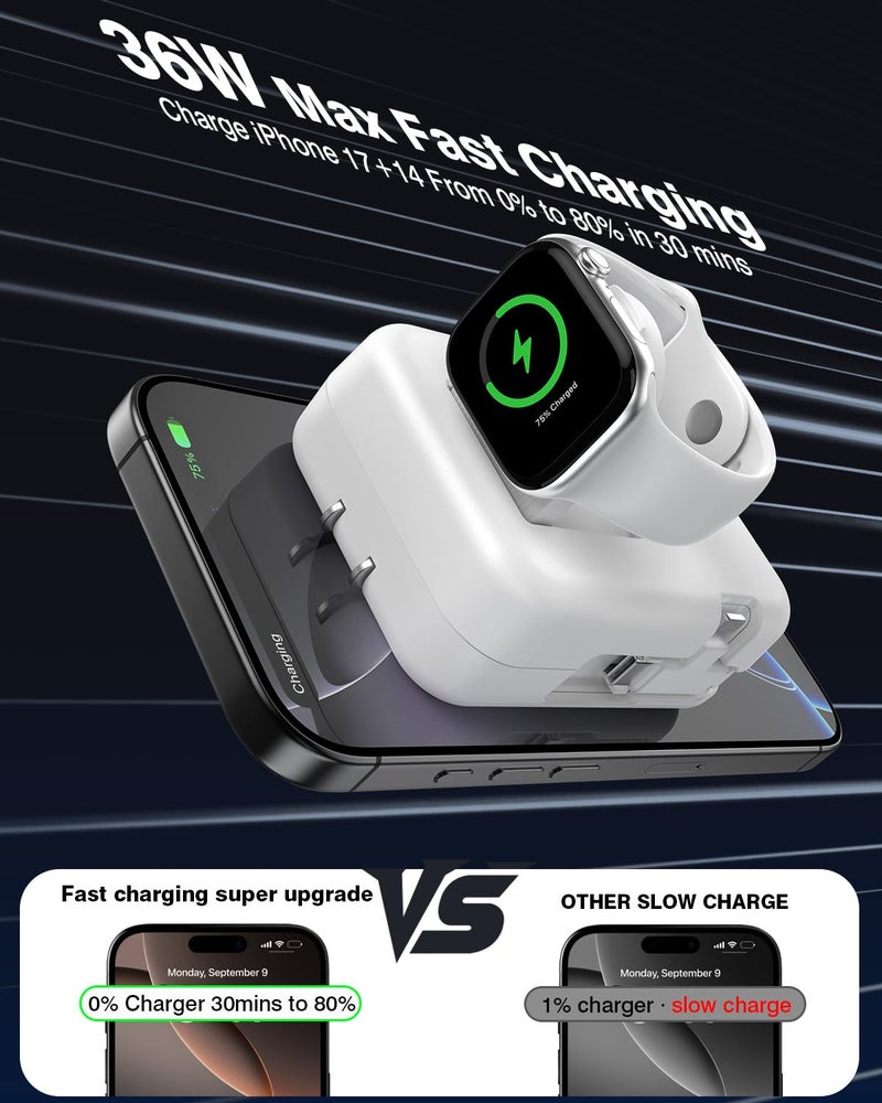 Beacoo 3 in 1 Retractable Wall Charger for Apple Watch,36W Fast Charging Block with 31 Inch Cables,Multi-Device Travel Charger for iPhone 17/16/15/14/13/12, iWatch & AirPods-White - Image 4