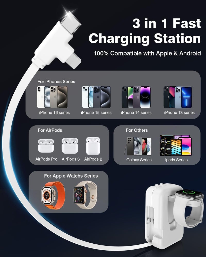 Beacoo 3 in 1 Retractable Wall Charger for Apple Watch,36W Fast Charging Block with 31 Inch Cables,Multi-Device Travel Charger for iPhone 17/16/15/14/13/12, iWatch & AirPods-White - Image 2