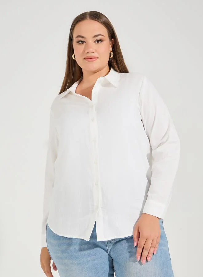 Styli Plus Size Solid Cotton Cuffed Sleeve Button Down Shirt