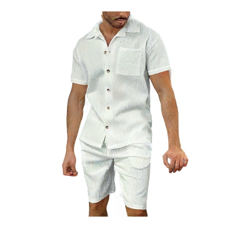 Mens Casual Button Down Short Sleeve Shirt and Shorts Set Tracksuit - Image 1