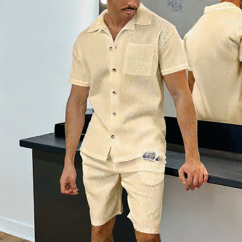 Mens Casual Button Down Short Sleeve Shirt and Shorts Set Tracksuit - Image 3