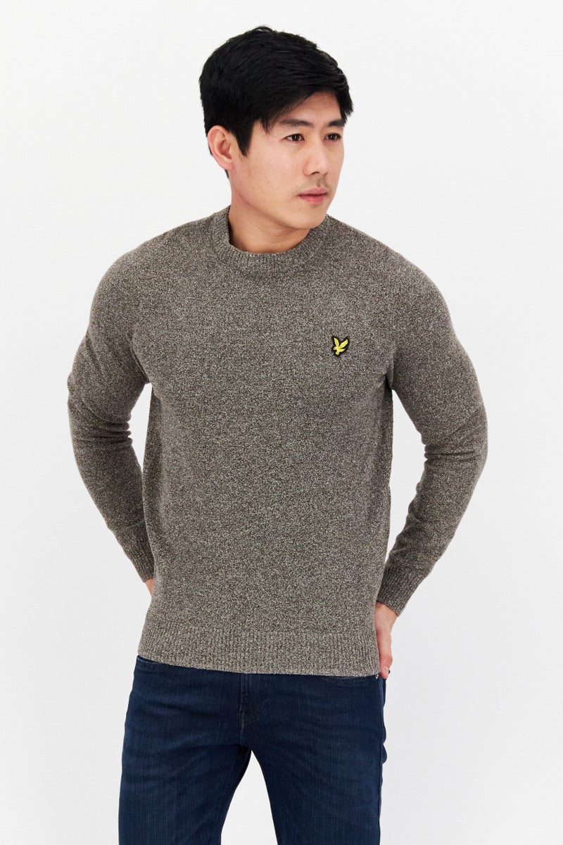 Men Crew Neck Embroidered Logo Knitted Sweater, Charcoal