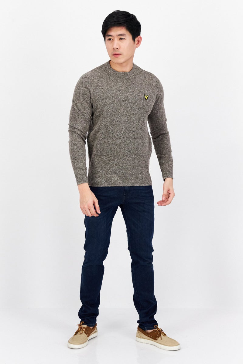 Men Crew Neck Embroidered Logo Knitted Sweater, Charcoal