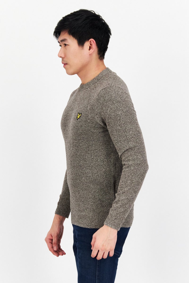 Men Crew Neck Embroidered Logo Knitted Sweater, Charcoal