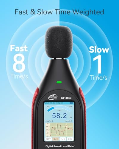Benetech مقياس ديسيبل بنيتك، قارئ مستوى الصوت والضوضاء، مقياس SPL من 30dB إلى 130dB(A) مع تسجيل، إنذار بصري، وزن A/C، قابل لإعادة الشحن للاستخدام المنزلي والفصول الدراسية - Image 3