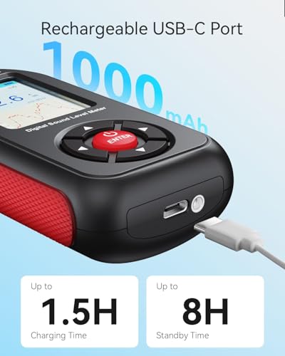 Benetech مقياس ديسيبل بنيتك، قارئ مستوى الصوت والضوضاء، مقياس SPL من 30dB إلى 130dB(A) مع تسجيل، إنذار بصري، وزن A/C، قابل لإعادة الشحن للاستخدام المنزلي والفصول الدراسية - Image 5