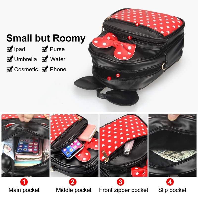 Dksyee Cute Red Backpack for Girl Bowknot Polka Dot Mini Mouse Leather Backpacks for Toddler Little Girl Backpack Kids Small Travel Backpacks Convertible Shoulder Bag Purse for Children Daypack - Image 2