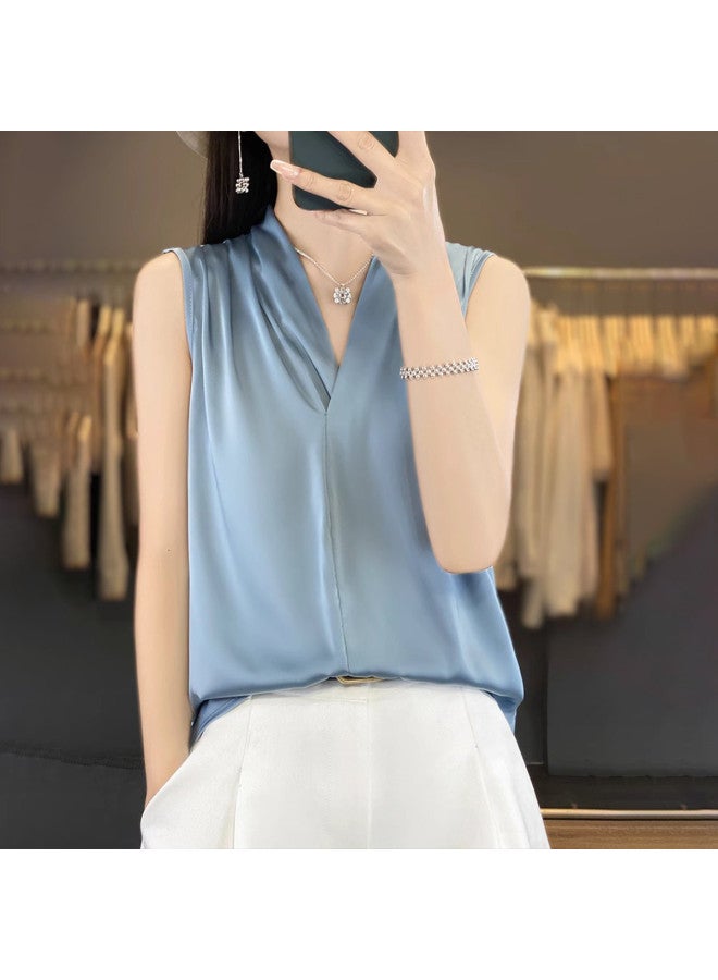 Modal High-End Pleated Satin V-Neck Camisole For Women, Sleeveless Blouse For Spring And Summer Suits, Halter Top - Image 5