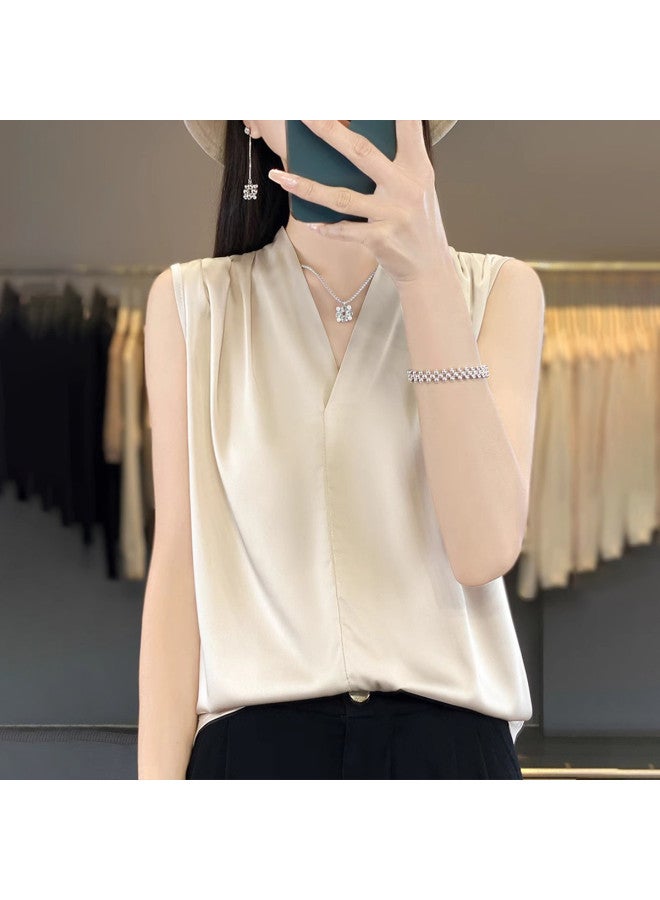 Modal High-End Pleated Satin V-Neck Camisole For Women, Sleeveless Blouse For Spring And Summer Suits, Halter Top - Image 4