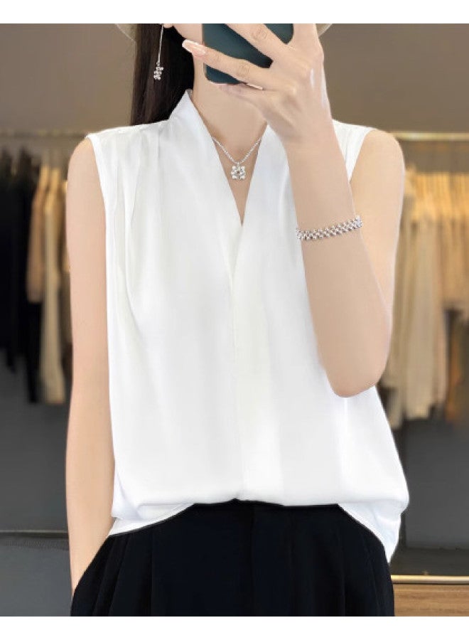 Modal High-End Pleated Satin V-Neck Camisole For Women, Sleeveless Blouse For Spring And Summer Suits, Halter Top - Image 1