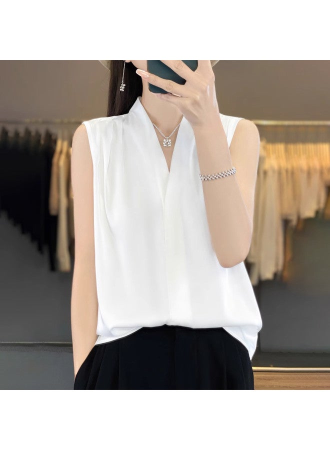 Modal High-End Pleated Satin V-Neck Camisole For Women, Sleeveless Blouse For Spring And Summer Suits, Halter Top - Image 2