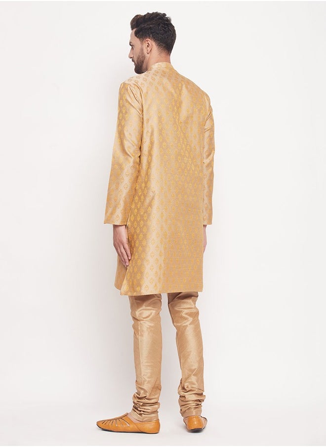 PRASHA - Men's Beige And Rose Gold Silk Blend Kurta Pyjama Set - Image 1