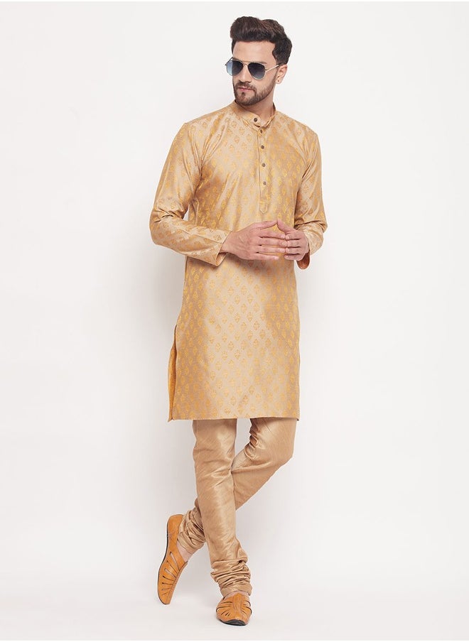 PRASHA - Men's Beige And Rose Gold Silk Blend Kurta Pyjama Set - Image 1