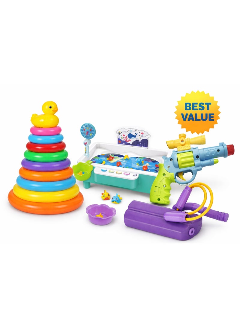 4-in-1 Kids Play Bundle – Stacking Rings, Fishing Game, Toy Blaster & Jumper - Image 2