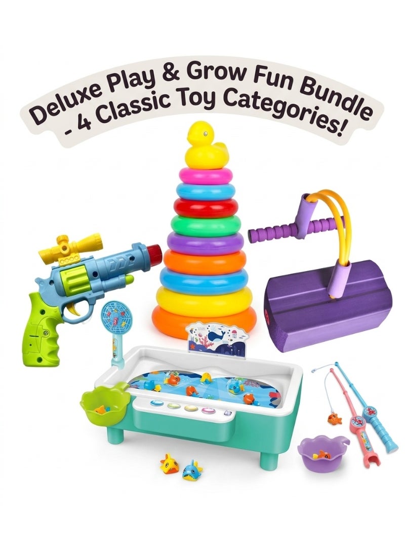 4-in-1 Kids Play Bundle – Stacking Rings, Fishing Game, Toy Blaster & Jumper - Image 1