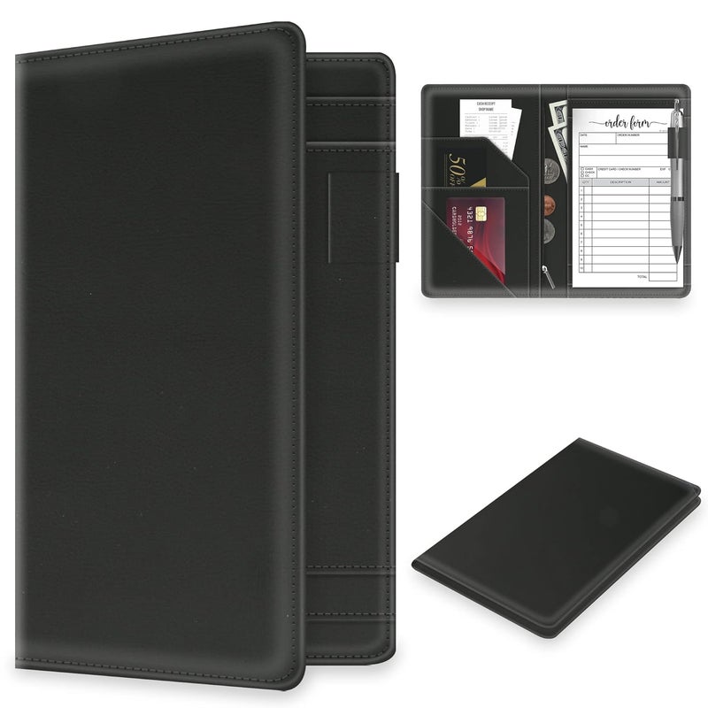 Tiorecime Server Book with Zipper Pocket for Waitress, Cute Waiter Server Wallet, Booklet Restaurant Waitstaff Organizer, Serving Guest Check Book Holder Money Pocket Fits Server Apron, Black - Image 1