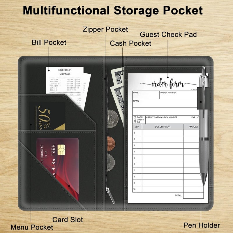 Tiorecime Server Book with Zipper Pocket for Waitress, Cute Waiter Server Wallet, Booklet Restaurant Waitstaff Organizer, Serving Guest Check Book Holder Money Pocket Fits Server Apron, Black - Image 4