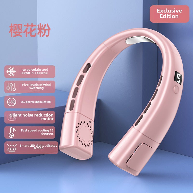 New Neck Fan with LED Light Display Rechargeable Mini Portable USB Pink Premium Edition [Fifth Gear Digital Display + Ice Porcelain]]