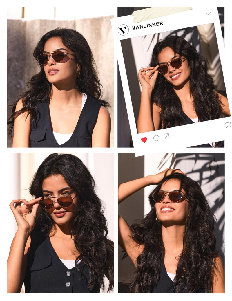 VANLINKER Polarized Trendy Aviator Metal Cat Eye Sunglasses for Women Men Retro Vintage Shades VL9868,Gold Frame Light Brown Yellow Tinted Lens - Image 3