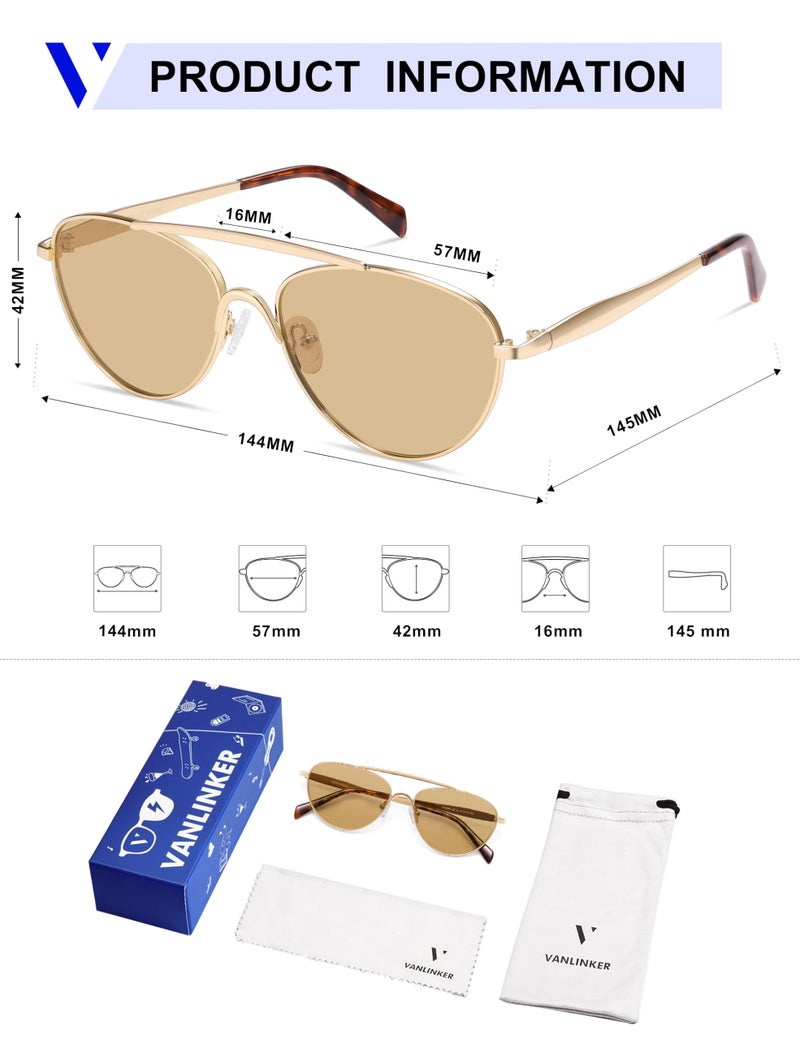 VANLINKER Polarized Trendy Aviator Metal Cat Eye Sunglasses for Women Men Retro Vintage Shades VL9868,Gold Frame Light Brown Yellow Tinted Lens - Image 4