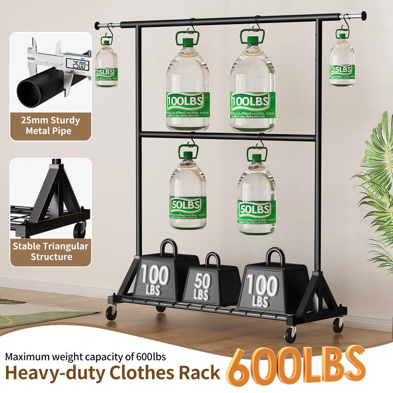 Luxspire Heavy Duty Clothes Rack Load 600 LBS, Double Rod Clothing Rack, Rolling Garment Racks with Lockable Wheels, Shelves, Adjustable Laundry Hanging Racks for Clothes, Black - Image 2