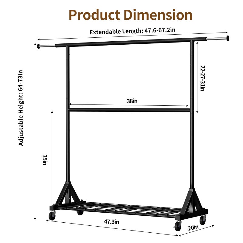 Luxspire Heavy Duty Clothes Rack Load 600 LBS, Double Rod Clothing Rack, Rolling Garment Racks with Lockable Wheels, Shelves, Adjustable Laundry Hanging Racks for Clothes, Black - Image 4