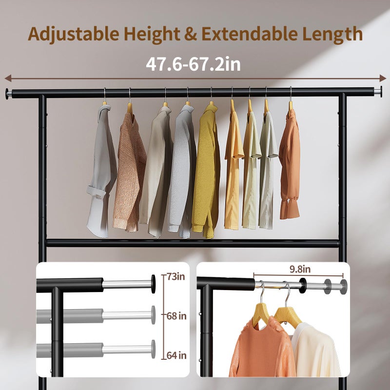 Luxspire Heavy Duty Clothes Rack Load 600 LBS, Double Rod Clothing Rack, Rolling Garment Racks with Lockable Wheels, Shelves, Adjustable Laundry Hanging Racks for Clothes, Black - Image 5
