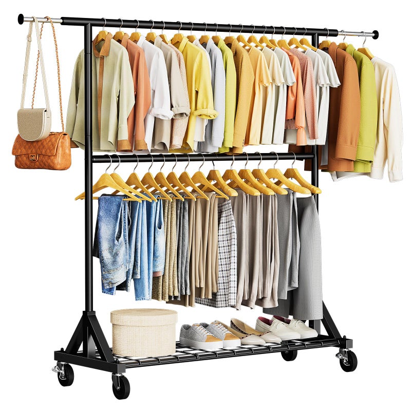 Luxspire Heavy Duty Clothes Rack Load 600 LBS, Double Rod Clothing Rack, Rolling Garment Racks with Lockable Wheels, Shelves, Adjustable Laundry Hanging Racks for Clothes, Black - Image 1