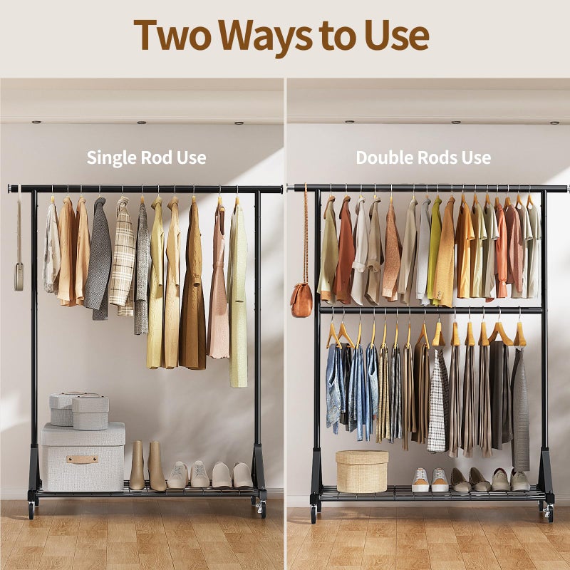 Luxspire Heavy Duty Clothes Rack Load 600 LBS, Double Rod Clothing Rack, Rolling Garment Racks with Lockable Wheels, Shelves, Adjustable Laundry Hanging Racks for Clothes, Black - Image 3