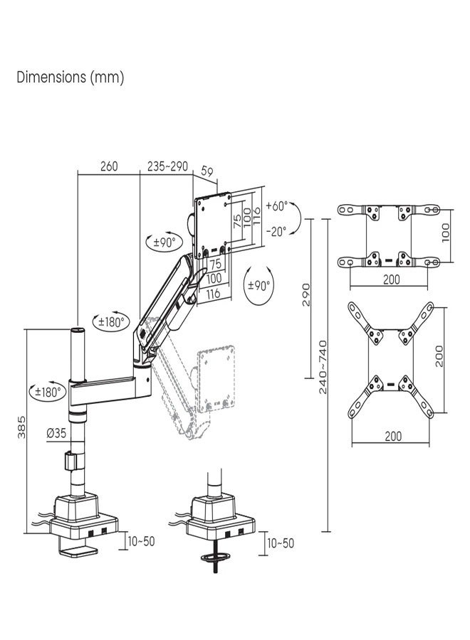 Skill Tech SH87 C012UCP Titan Heavy-Duty Pole-Mounted Gas Spring Monitor Arm with USB-A & USB-C Ports for 24"-57" Screens, VESA 200x200, 27kg Load Capacity – Black - Image 3