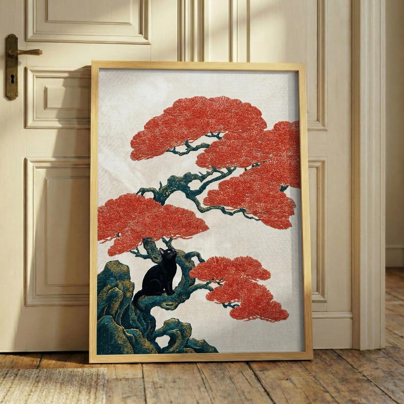 TNESSENTIAL Japanese Bonsai Cat Print – Ukiyo-e Style Wall Art, Red Tree Feline Poster, Zen Asian Room Decor, Vintage Black Cat Gift - Image 1