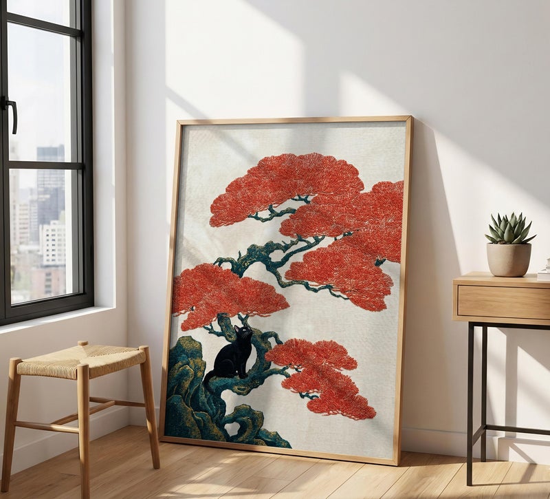 TNESSENTIAL Japanese Bonsai Cat Print – Ukiyo-e Style Wall Art, Red Tree Feline Poster, Zen Asian Room Decor, Vintage Black Cat Gift - Image 4