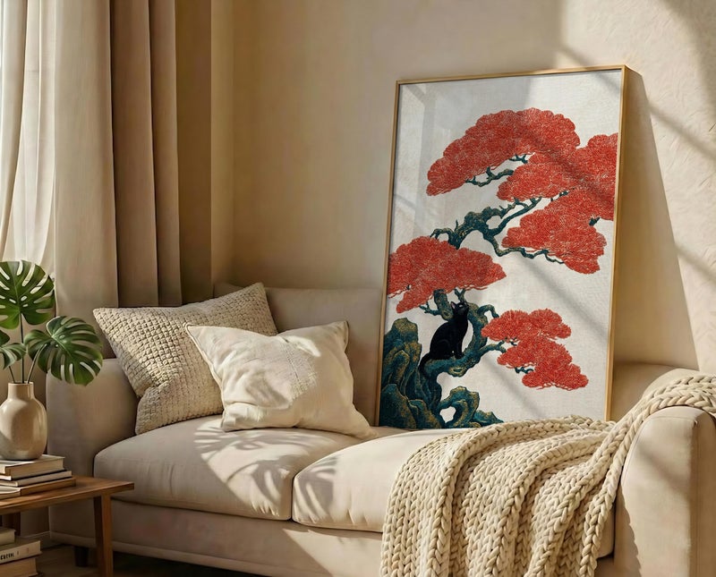 TNESSENTIAL Japanese Bonsai Cat Print – Ukiyo-e Style Wall Art, Red Tree Feline Poster, Zen Asian Room Decor, Vintage Black Cat Gift - Image 3