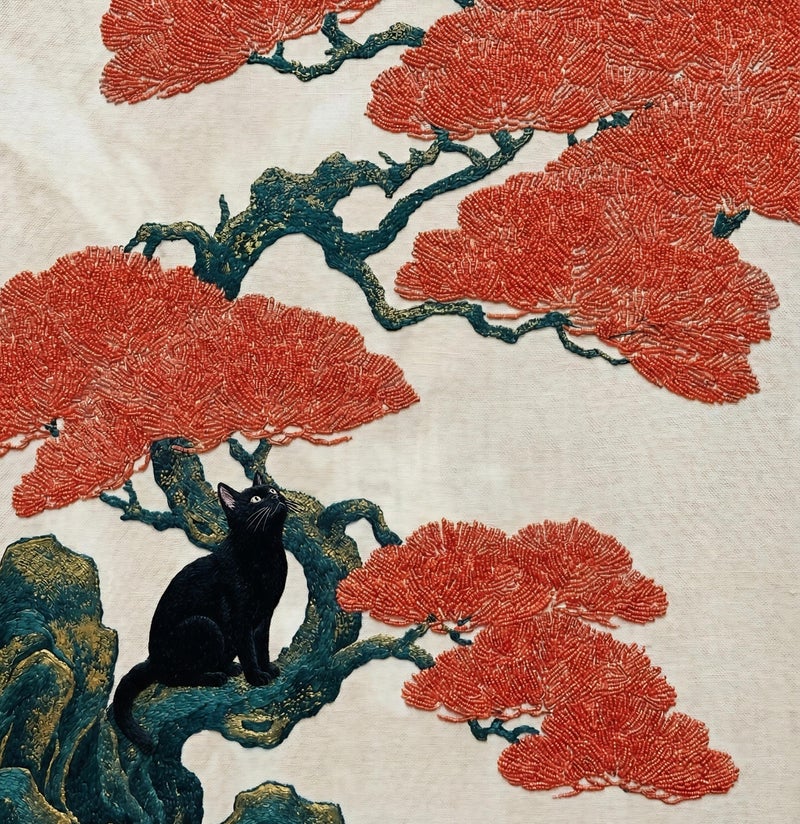 TNESSENTIAL Japanese Bonsai Cat Print – Ukiyo-e Style Wall Art, Red Tree Feline Poster, Zen Asian Room Decor, Vintage Black Cat Gift - Image 2